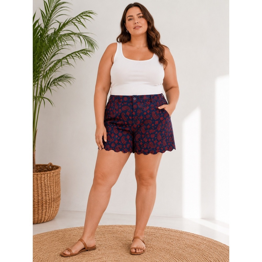 Talbots Paisley Shorts Scalloped Hem Navy Red 16 Preppy Coastal Classic Timeless